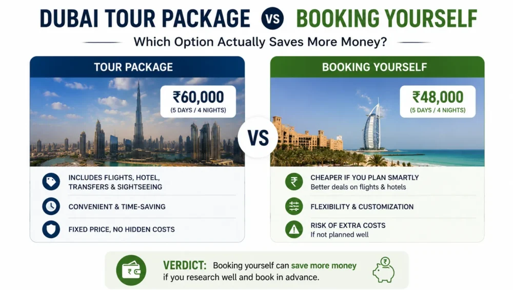 Dubai Tour Package vs Booking Everything Yourself: Which Option Actually Saves More Money? 1 Dubai Package vs DIY Booking Which Saves More Money